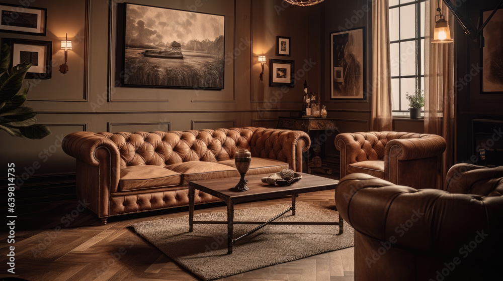 Beige tufted chesterfield sofa and brown wing chairs. Art deco interior design of modern living room.