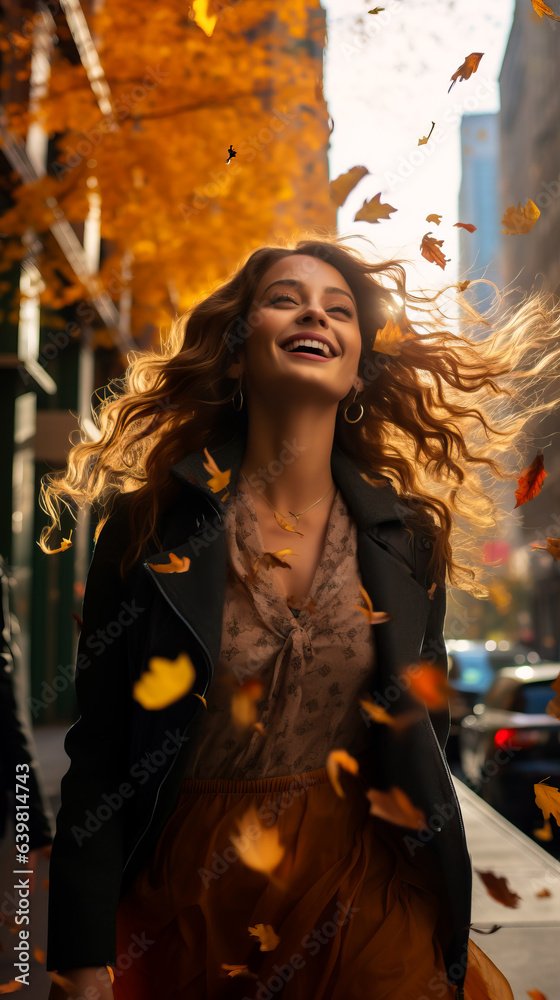 Autumn in the big city, Woman looking joyful and happy with fall leaves falling on the street around her. Urban fall season. Shallow field of view.