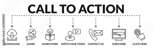 Banner of call to action web vector illustration concept with icons of download, share, learn more, watch our video, contact us, subscribe, click here