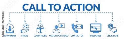 Banner of call to action web vector illustration concept with icons of download, share, learn more, watch our video, contact us, subscribe, click here