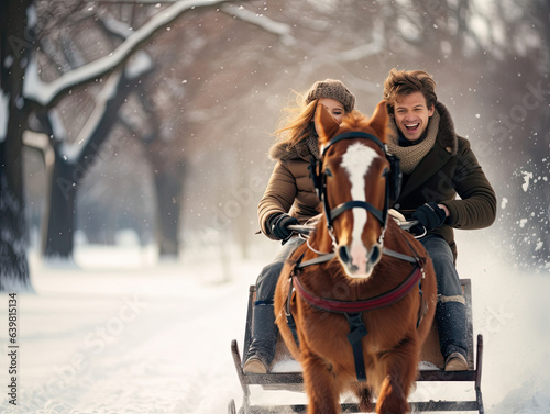couple in winter park in horse drawn carriage 