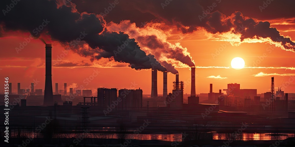 Industrial pollution and Environmental impact. Smokestacks against sky. Factory pollution. Challenging atmosphere Industrial pollution and Environmental impact. Smokestacks against sky. Factory pollution. Challenging atmosphere