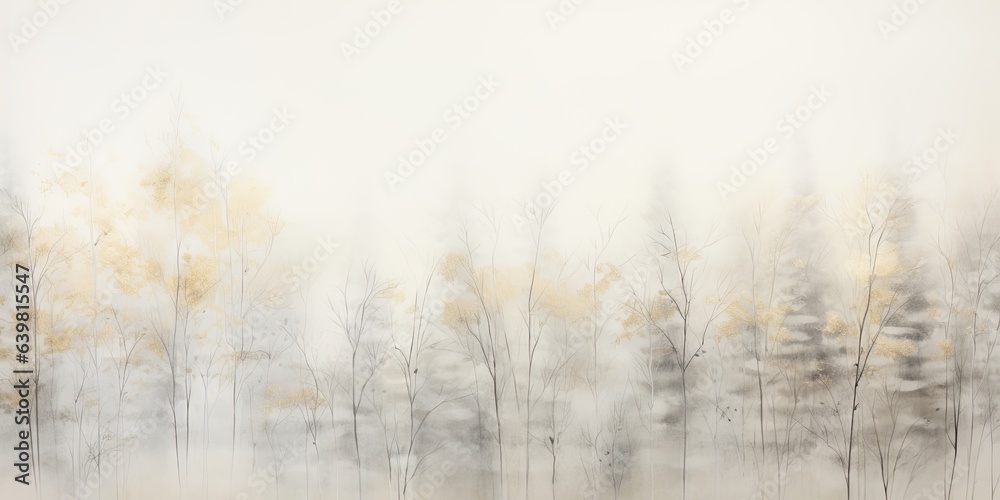 Misty mood in the winter forest. Gold, grey, brown beige ink trees illustration. Romantic and mourning landscape for seasonal or condolence greettings. - obrazy, fototapety, plakaty 