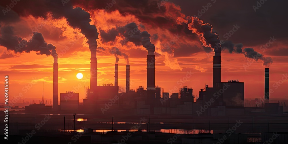 Industrial pollution and Environmental impact. Smokestacks against sky. Factory pollution. Challenging atmosphere