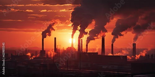 Industrial pollution and Environmental impact. Smokestacks against sky. Factory pollution. Challenging atmosphere