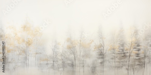 Misty mood in the winter forest. Gold, grey, brown beige ink trees illustration. Romantic and mourning landscape for seasonal or condolence greettings.