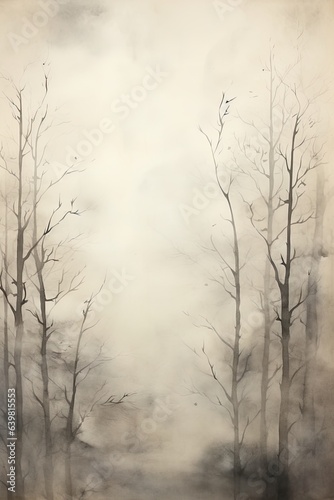 Misty mood in the winter forest. Gold, grey, brown beige ink trees illustration. Romantic and mourning landscape for seasonal or condolence greettings.