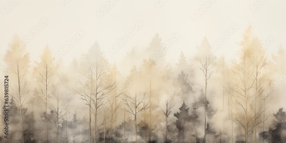 Misty mood in the winter forest. Gold, grey, brown beige ink trees illustration. Romantic and mourning landscape for seasonal or condolence greettings. - obrazy, fototapety, plakaty 