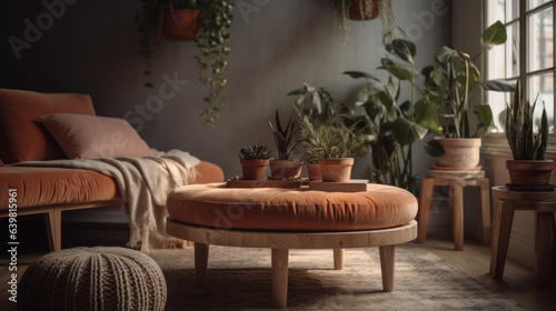 Beige velvet sofa with terra cotta cushions between houseplants. Wooden round coffee table near ottoman on knitted rug.