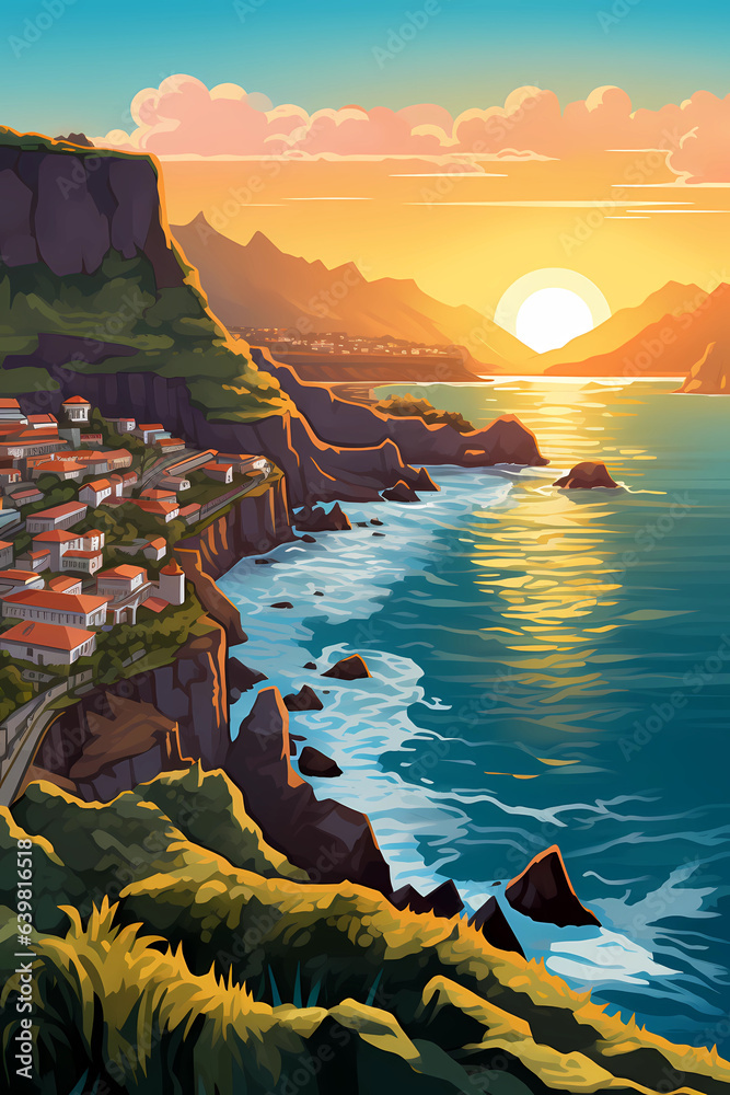 Illustration of a beautiful view of a tropical island