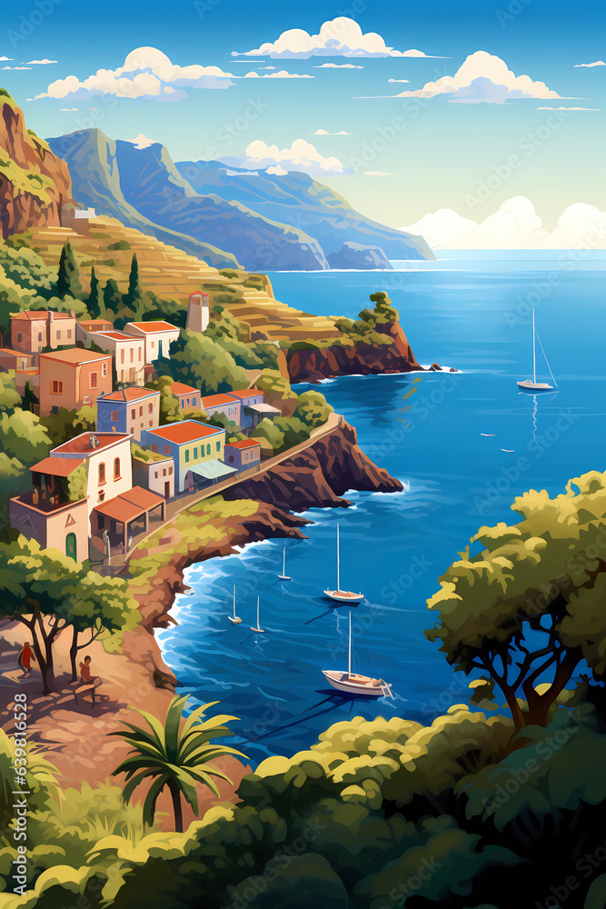 Illustration of a beautiful view of a tropical island