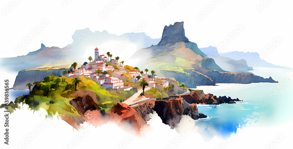 Illustration of a beautiful view of a tropical island