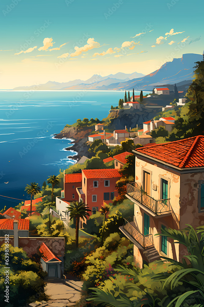 Illustration of a beautiful view of a tropical island