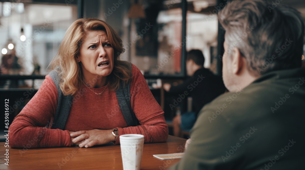 Unhappy, angry and stressed couple sitting on a coffee shop together and arguing. Mature man and chubby woman looking annoyed and ready for divorce. Generative ai
