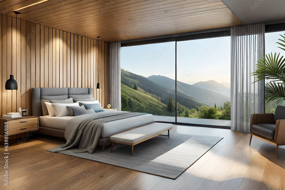 modern bedroom interior with comfortable bed and placed on rug under wooden ceiling near panoramic window overlooking trees in apartment modern bedroom interior with comfortable bed and placed on rug under wooden ceiling near panoramic window overlooking trees in apartment