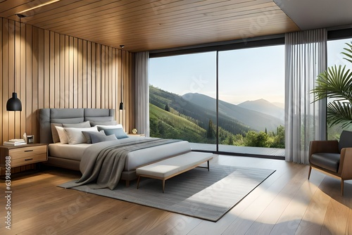 modern bedroom interior with comfortable bed and placed on rug under wooden ceiling near panoramic window overlooking trees in apartment © Pretty Panda