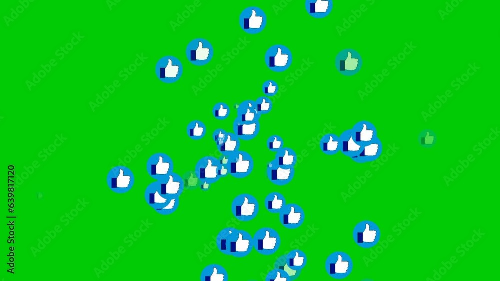 Animated, Scattering thumb-shaped social media icons. Isolated on green background.
