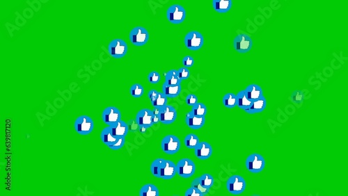 Animated, Scattering thumb-shaped social media icons. Isolated on green background.