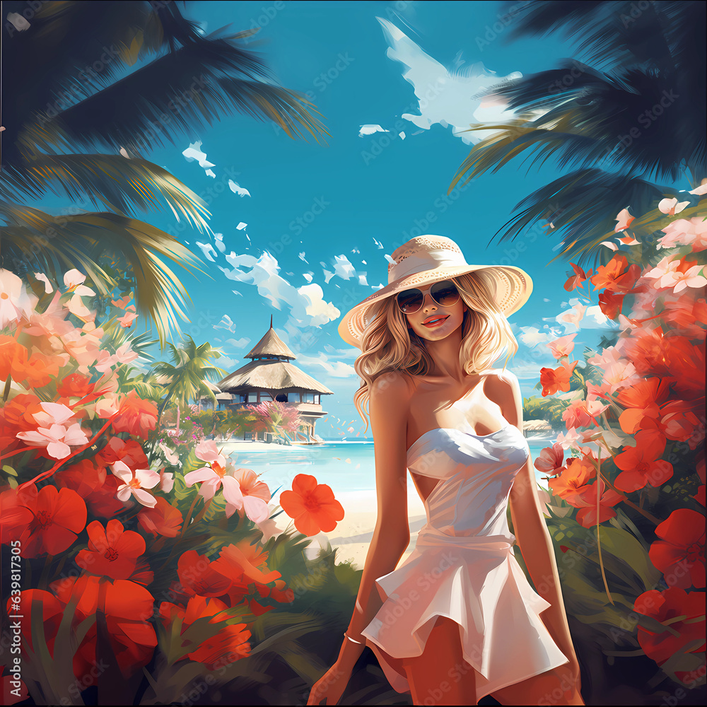 Illustration of a beautiful woman on vacation on a tropical island