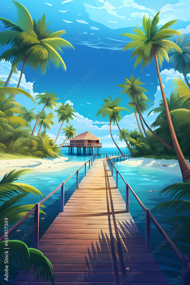 Illustration of a beautiful view of a tropical island