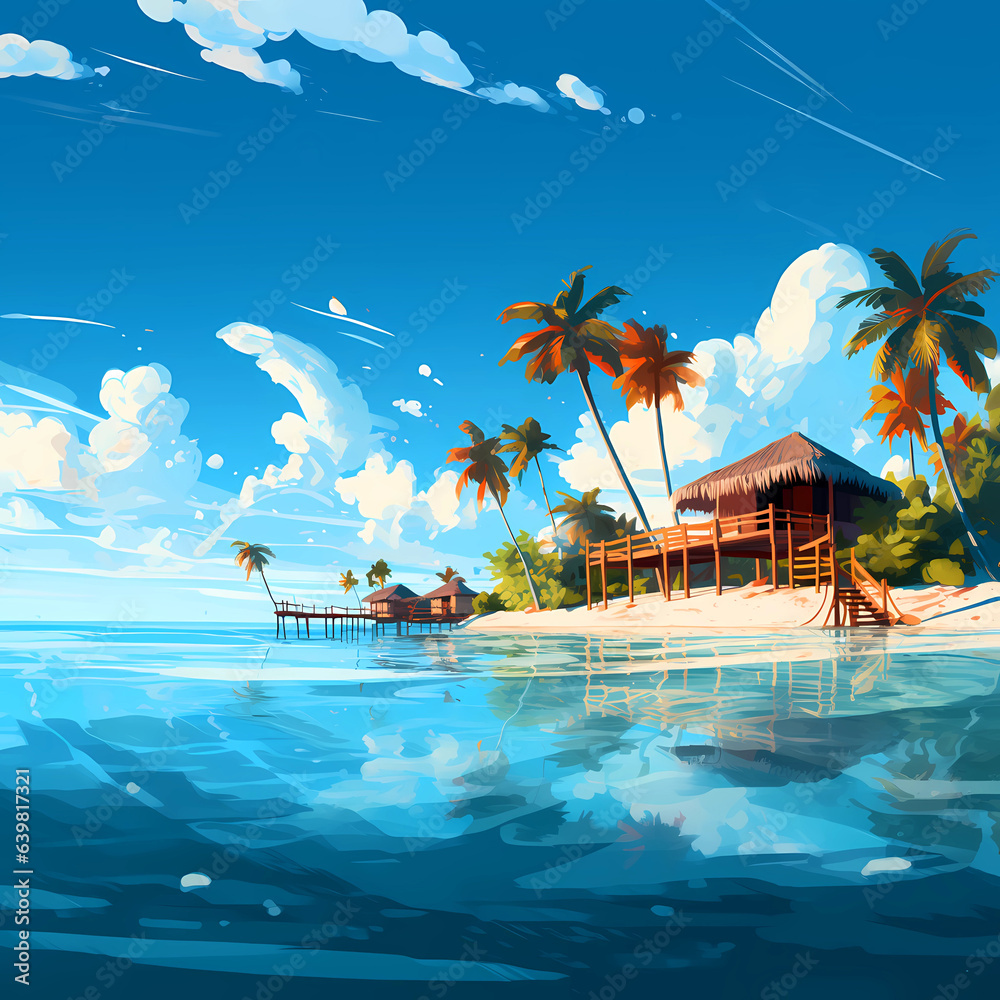 Illustration of a beautiful view of a tropical island