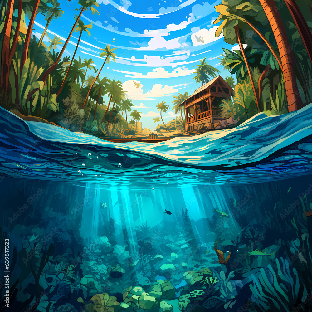 Illustration of a beautiful view of a tropical island