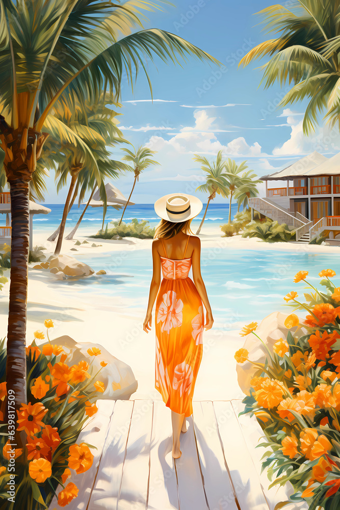Illustration of a beautiful woman on vacation on a tropical island