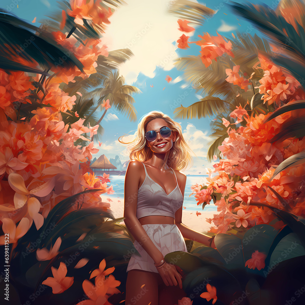 Illustration of a beautiful woman on vacation on a tropical island