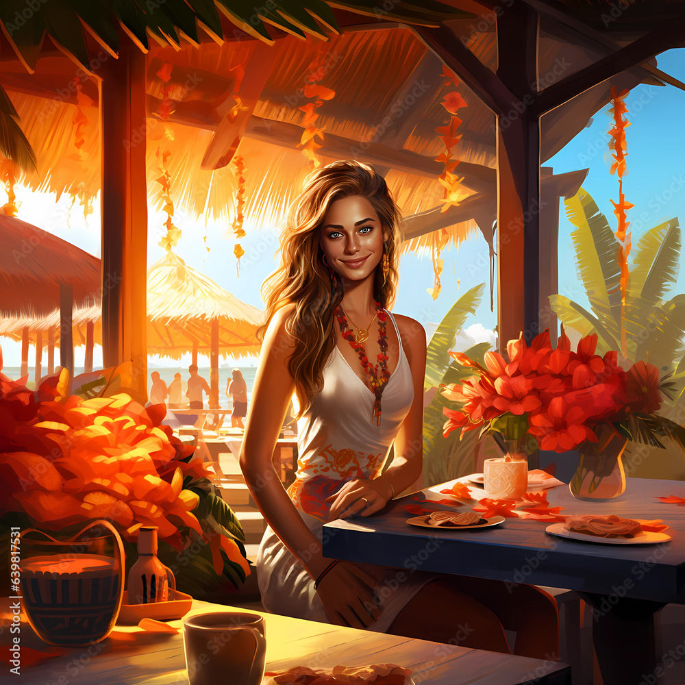 Illustration of a beautiful woman on vacation on a tropical island