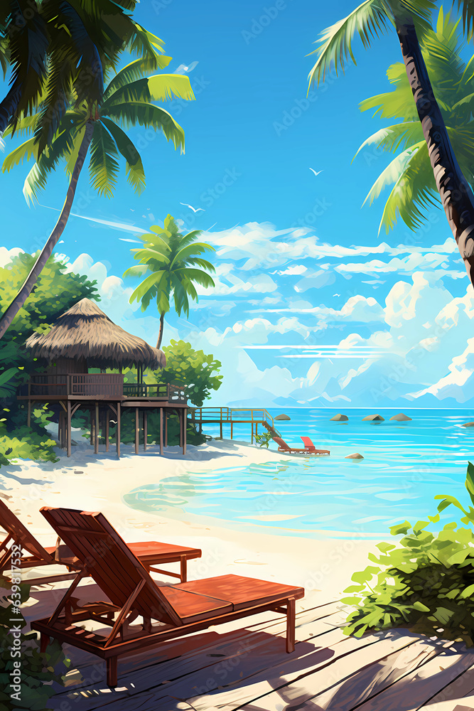 Illustration of a beautiful view of a tropical island