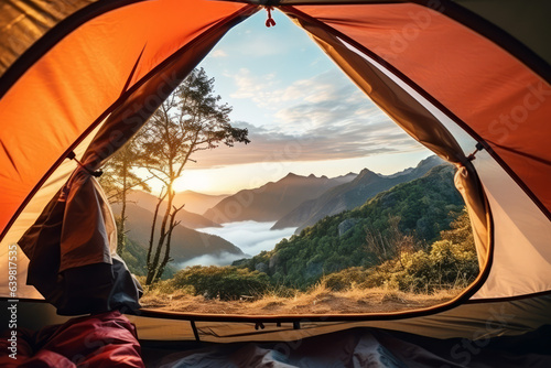 Camping tent in a nature hiking spot, view from inside to the outside