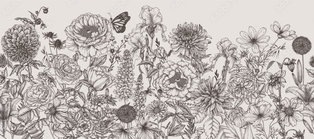Fototapeta Seamless horizontal pattern garden autumn and summer flowers. Rose, lily, lupine, tulip, peony, irises, dahlia, cosmos, zinnia, marigold, calendula, rudbeckia, gladiolus, datura, eryngium, allium
