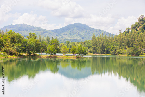 Panoramic reflections on a park lake.