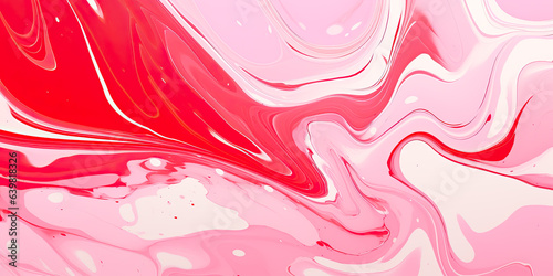 Dynamic marbled oil and acrylic abstract art. Red and white blend fluidly, forming a captivating marbled paper texture. Ideal for wallpapers, banners, and illustrations.