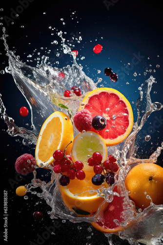 Splashing and flying water drops with fruits and slices. Generative AI.