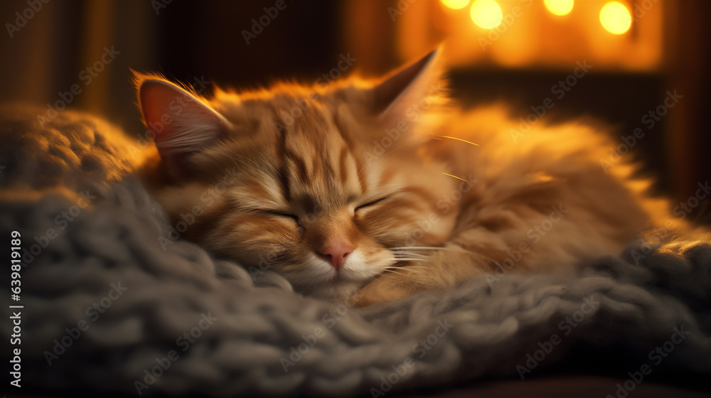 Cozy Autumn Slumber: Close-up of a Cat Napping on a Warm Woolen Blanket