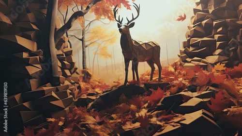Nature forest and wildlife layered paper cut, Generative AI