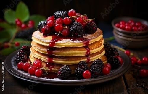Stack of fresh fluffy pancakes decorated on top with forest berries rotating on a plate and pouring honey syrup. Delicious, healthy. Fresh bakery concept. Generative AI