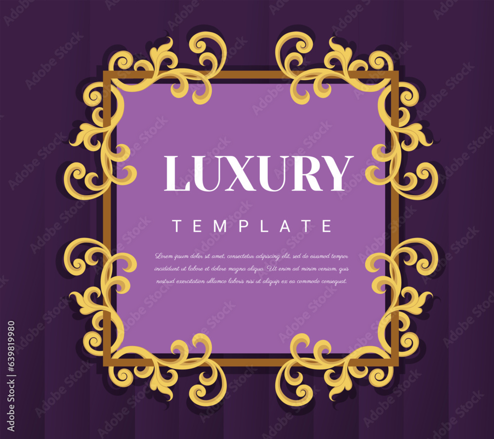 Gold borders text frames on purple background, Vintage Ornate Frame for invitations and greeting cards, Elegant Illustration.