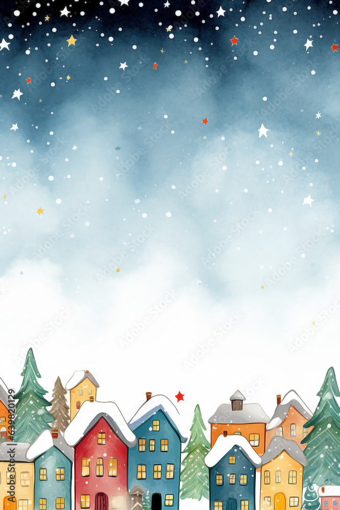 Xmas border desing around a blank space. Christmas themed border around a white rectangle. Group of colourful homes. Happy holidays postcard.