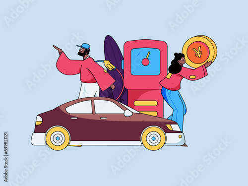 Vector internet operation hand-drawn illustration of people getting discounts for car refueling
