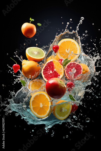 Splashing and flying water drops with fruits and slices. Generative AI.