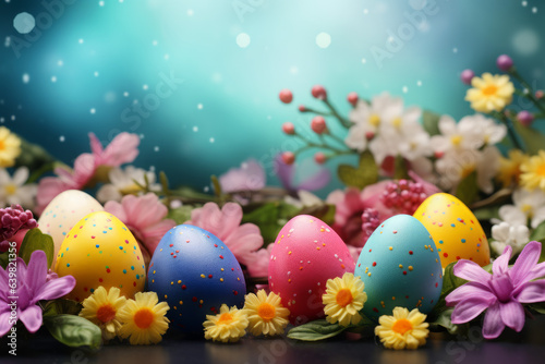 Easter greeting card  with Easter eggs and flowers  with space for text