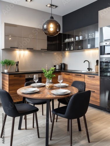 Modern interior design of kitchen with dining table and chairs in studio apartment