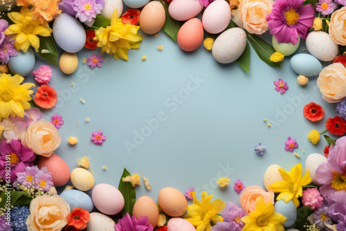 Easter greeting card, with Easter eggs and flowers, with space for text