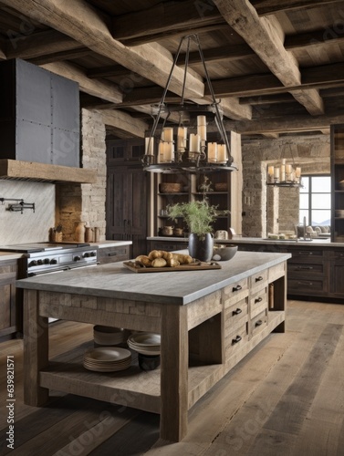 Modern interior design of rustic kitchen with island