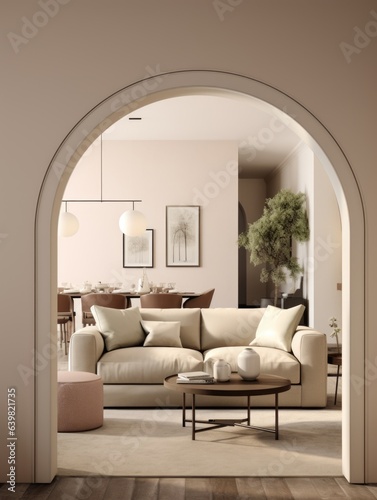  Modern interior of living room with beige sofa, arch doorway to dining room