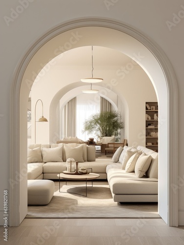 Modern interior of living room with beige sofa, arch doorway to dining room