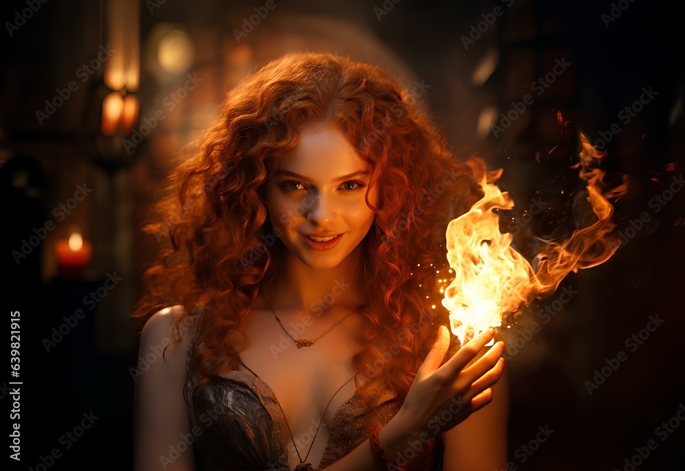A red-haired female magician in a dress with a crazy and attractive charming smile holds a fire in her hand. A red-haired female magician in a dress with a crazy and attractive charming smile holds a fire in her hand.