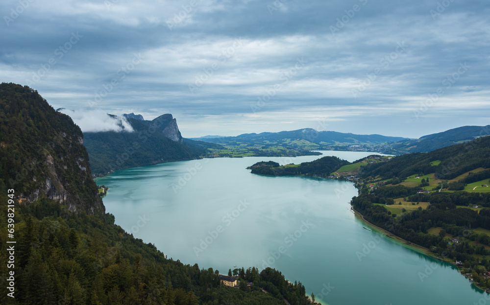 View to Mondsee lake from lookout on mountain. Drone view, Austria Alps mountain landscape background